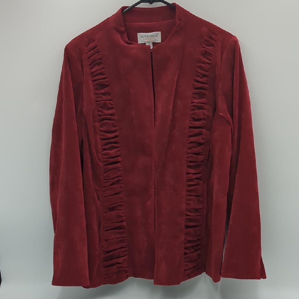 Victor Costa Occasion Velveteen Rushed Jacket 1X Red Open Round Collar Tailored